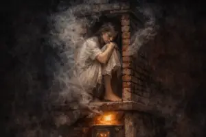 Žena ukrytá v komíně starého domu, symbol ztracené duše a tíživé energie prostoru