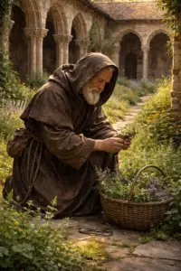 Mnich v klášteře sbírá léčivé byliny – symbol minulého života léčitele a regresní terapie