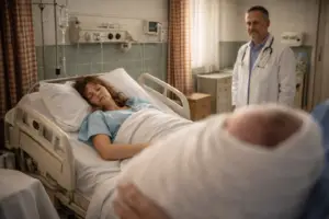 Porod v nemocnici v 60. letech, žena po narkóze spí na porodním lůžku, sestra drží novorozené dítě. Symbolický obraz k tématu rodová linie, vztah matka a dcera a regresní terapie.