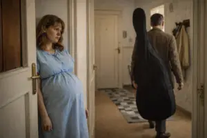 Těhotná žena v devátém měsíci stojí ve dveřích a smutně sleduje odcházejícího manžela muzikanta s kontrabasem v pouzdře. Symbol rodového traumatu, vztahu matka a dcera a příběhů, které se přenášejí v rodové linii.